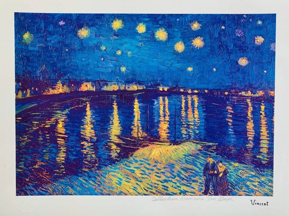 Van Gogh Starlight Over Rhone Estate Signed Reproduction Giclee: Starlight Over Rhone Estate Signed Reproduction Giclee. Vincent Van Gogh. Pencil numbered from an edition of 375. Image measures 10.5 inches x 15 inches. Paper with border measures 13 inches x 17 inch