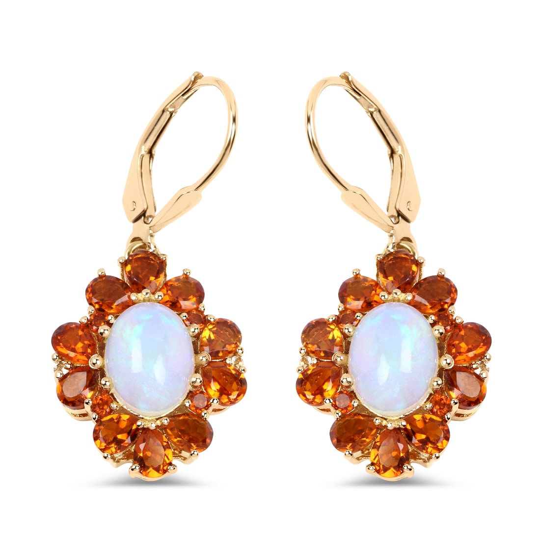 Plated 18KT Yellow Gold 5.42ctw Opal Citrine and White Topaz Earrings: 14K Yellow Gold Plated 5.42 Carat Genuine Ethiopian Opal, Citrine and White Topaz.925 Sterling Silver Earrings. Citrine Pear/4x3mm - 20/3.20 ctw Natural Heat Treated N + Citrine Round/1.80mm - 8/0.18 