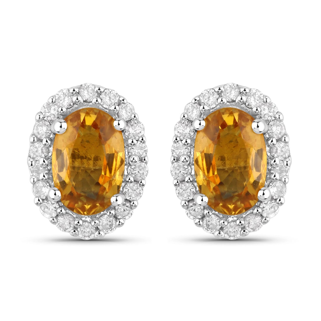 14KT White Gold 1.66ctw Orange Sapphire and White Diamond Earrings: Orange Sapphire Oval/6x4mm - 2/1.50 ctw Prong Setting Natural Heat Treated E + White Diamond Round/1.00mm - 36/0.16 ctw Natural Not Treated N H-I I1 Total weight of 1.64 grams.