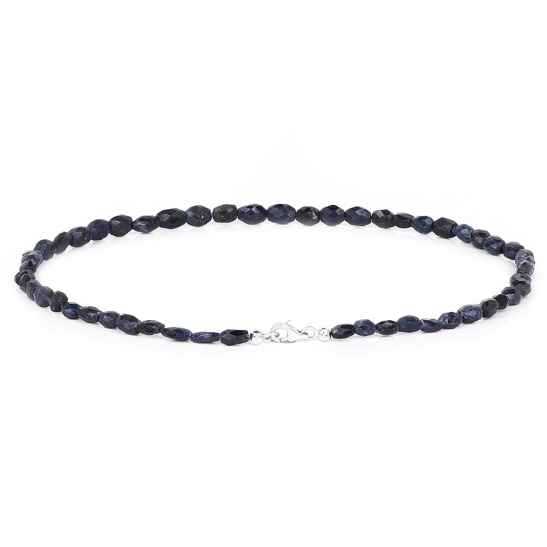 Rhodium Plated 6.89ctw Black Sapphire Bracelet: 6.89ctw Carat Dyed Sapphire 18.25Inches Long Beaded Necklace. Black Sapphire Round/3.00mm - 53/6.89 ctw Natural Heat Treated E. Total weight 10.28 grams. Bracelet length is 7.25 inches.