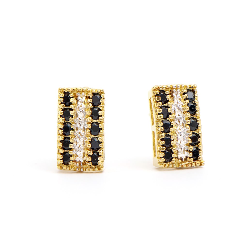 Plated 18KT Yellow Gold 1.02ctw Black Sapphire and Diamond Earrings: One pair of Plated 18KT Yellow Gold 1.02ctw Black Sapphire and Diamond Earrings. (20) Black Sapphires with a total weight of 1.11cts. Diamonds with a total weight of 0.08cts with a color of I-J and wi