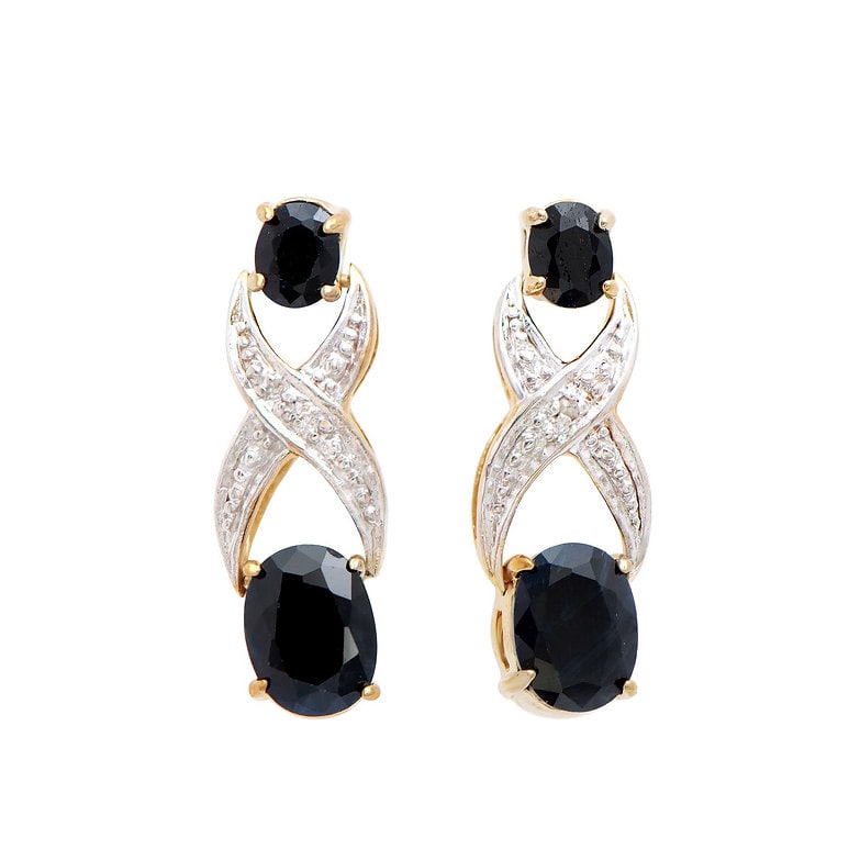 Plated 18KT Yellow Gold 4.12cts Sapphire and Diamond Earrings: One pair of Plated 18KT Yellow Gold 4.12cts Sapphire and Diamonds Earrings. (4) Black Sapphire stones with a total weight of 4.1cts. (2) diamonds with a total of 0.02cts with a color of H-I and clarit