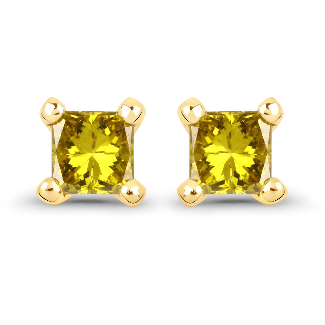 14KT Yellow Gold 0.25ctw Yellow Diamond Earrings: Yellow Diamond Square/2.50-2.90mm - 2/0.25 ctw Prong Setting Natural Not Treated N SI1-SI2 Total weight of 0.61 grams.