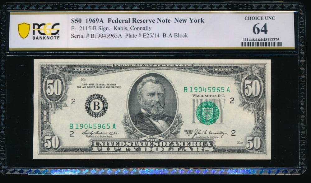 1969A $50 New York FRN PCGS 64: One 1969A $50 New York FRN PCGS 64.