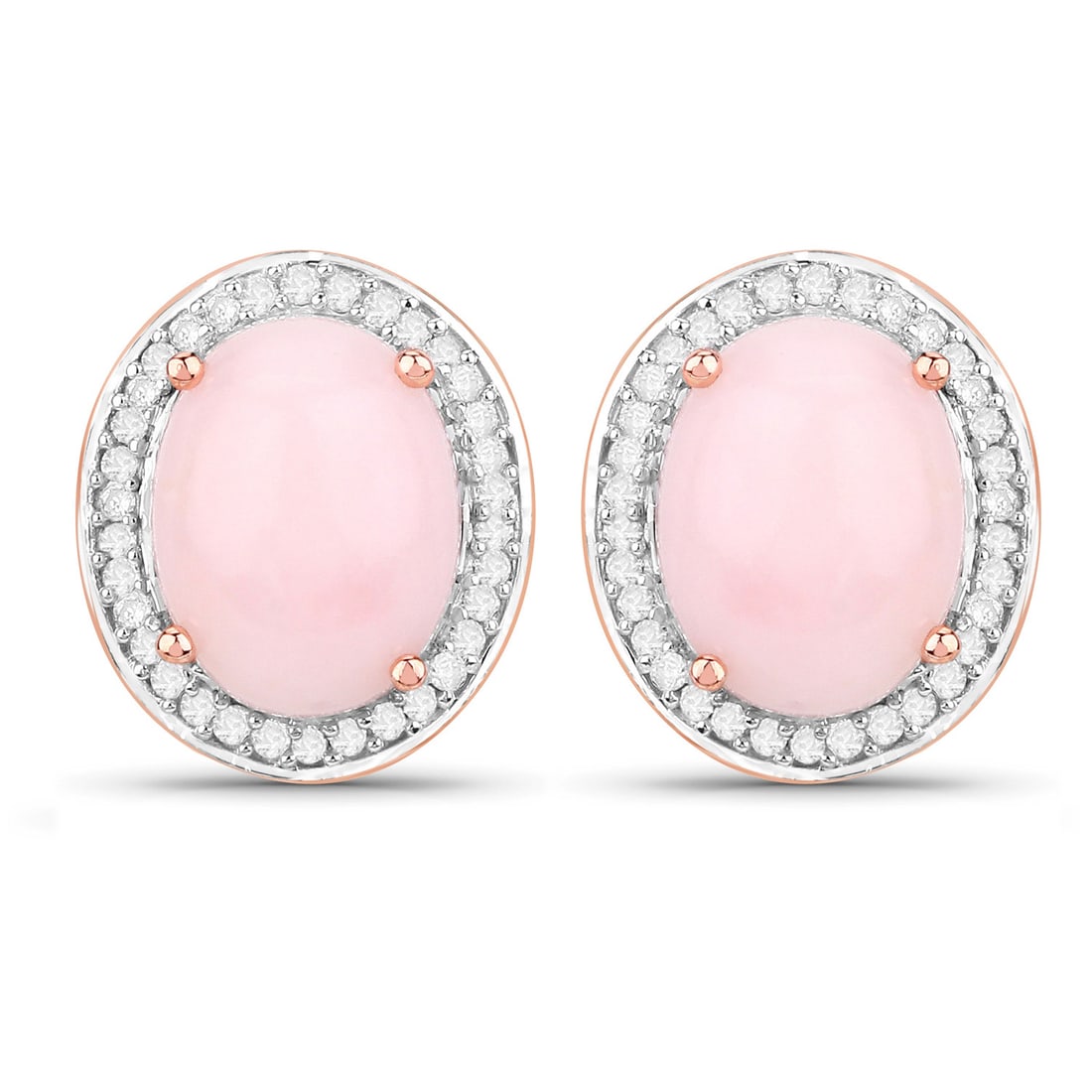 14KT Rose Gold 4.20ctw Pink Opal and White Diamond Earrings: Pink Opal Oval/9x7mm - 2/4.00 ctw Prong Setting Natural Not Treated N + White Diamond Round/0.80mm - 68/0.20 ctw Natural Not Treated N H-I I1 Total weight of 3.16 grams.