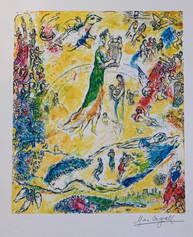 Sorcerer of Music Giclee: Sorcerer of Music Giclee by Marc Chagall. This giclee is facsimile signed on the lower right and is pencil numbered on the lower left from an edition of 375. Paper measures 17 inches x 13 inches. Imag