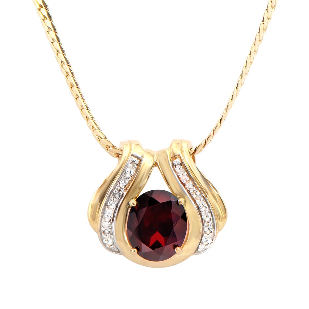 Plated 18KT Yellow Gold 5.00ct Garnet and Diamond Pendant with Chain: One Plated 18KT Yellow Gold 5.00ct Garnet and Diamond Pendant with Chain. (1) Garnet stone with a total weight of 5.00cts. (16) Diamonds with a total weight of 0.12cts with a color of I-J and clarity 