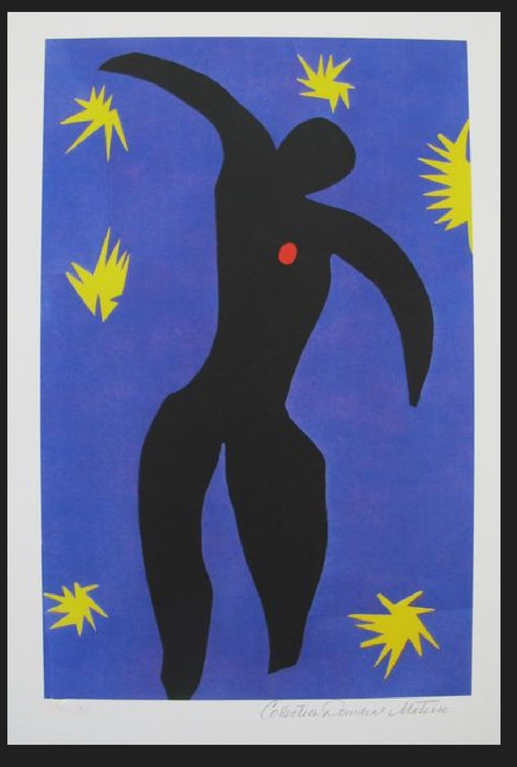 Henri Matisse ICARUS Estate Signed Limited Edition Giclee: This is a HENRI MATISSE (ESTATE COLLECTION DOMAINE) giclee titled “ICARUS”. This piece is pencil signed on the lower right as ‘Collection Domaine Matisse’ and has an embossed seal stamped 