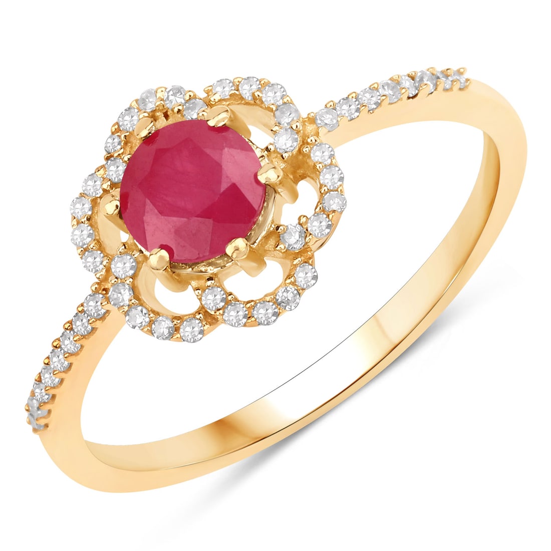 14KT Yellow Gold 0.68ctw Ruby and White Diamond Ring: Ruby Round/5.00mm - 1/0.55 ctw Prong Setting Natural Heat Treated F + White Diamond Round/0.80mm - 46/0.13 ctw Natural Not Treated N H-I I1. Ring size 7. Total weight of 2.04 grams.