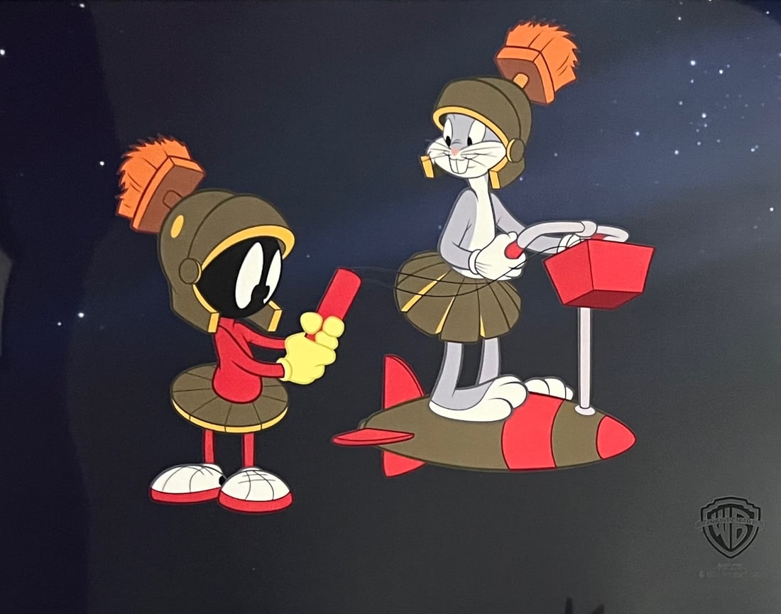 Warner Bros Looney Tunes Marvin the Martian: Limited Edition Sericel of Warner Bros Looney Tunes Marvin the Martian. This fantastic animation features Marvin and Bugs Bunny from the 1948 classic cartoon “Haredevil Hare”. This Cel measure