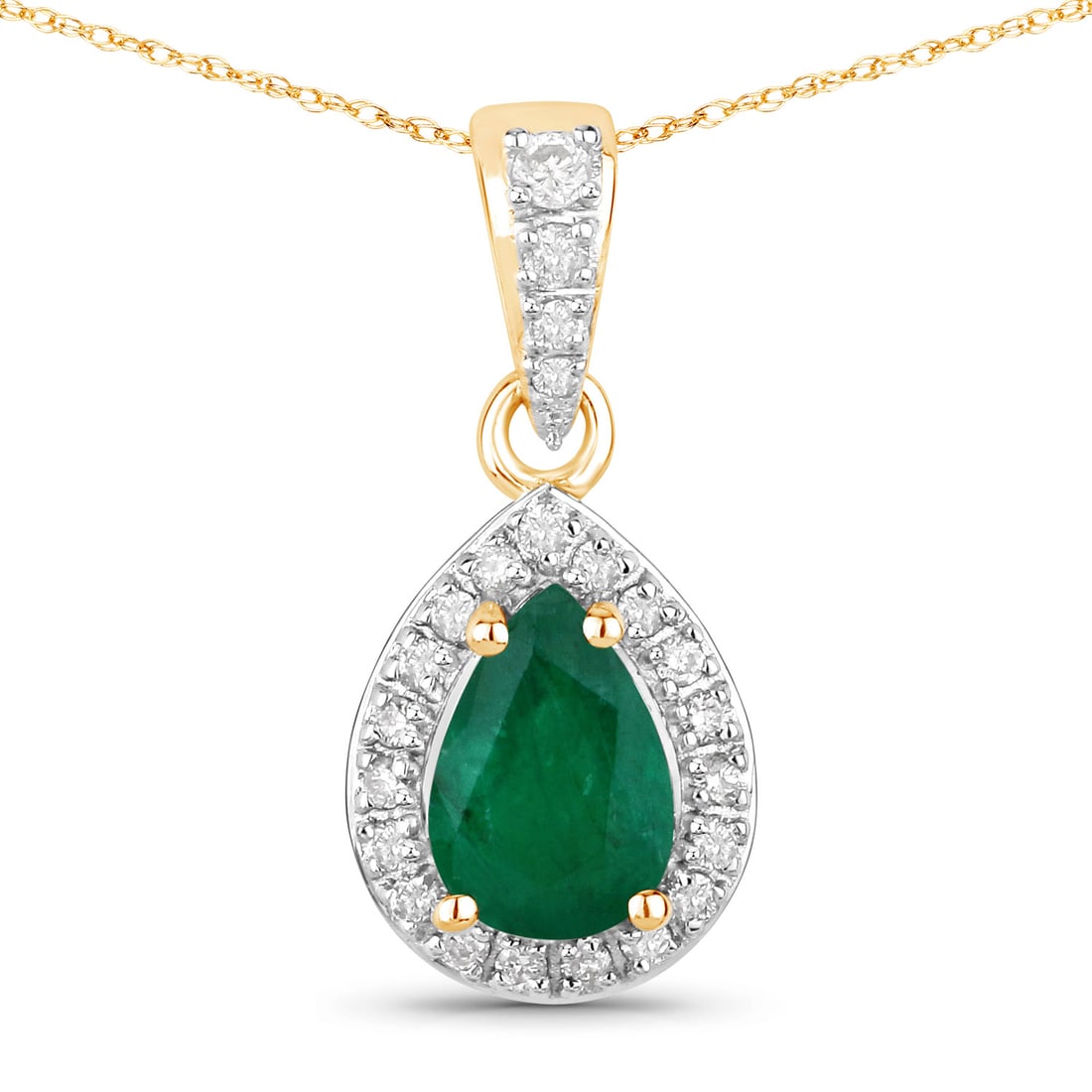 14KT Yellow Gold 0.77ctw Zambian Emerald and White Diamond Pendant: Zambian Emerald Pear/7x5mm - 1/0.65 ctw Prong Setting Natural Oiled + White Diamond Round/1.50mm - 1/0.01 ctw Natural Not Treated N H-I I1 + White Diamond Round/1.30mm - 1/0.01 ctw Natural Not Treated