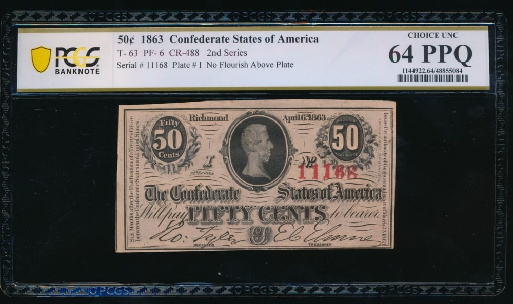 50 Cent 1863 T-63 Confederate PCGS 64PPQ: One 50 Cent 1863 T-63 Confederate PCGS 64PPQ.
