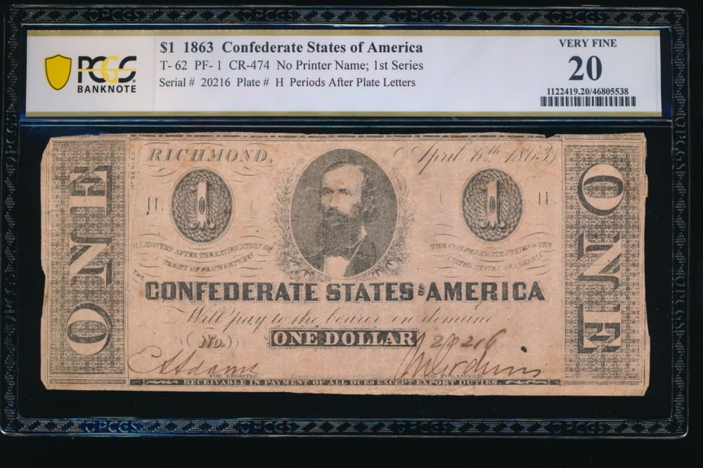 1863 $1 T-62 Confederate PCGS 20: One 1863 $1 T-62 Confederate PCGS 20.