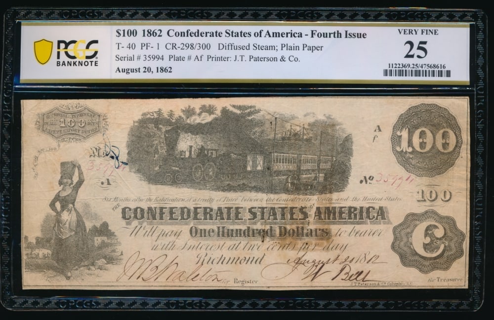 1862 $100 T-40 Confederate PCGS 25: One 1862 $100 T-40 Confederate PCGS 25.