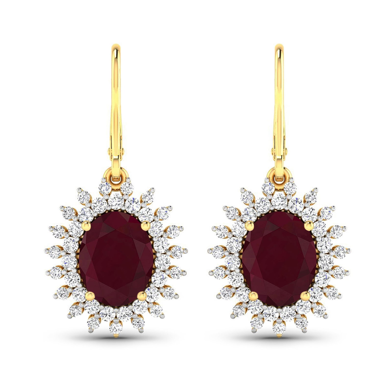 14KT Yellow Gold 4.60ctw Ruby and Diamond Earrings: (2) Rubies with a total weight of 4.60cts. Ruby (AA) Oval 9x7mm - 2Pcs + White Diamond F/C Round 1.50mm - 38Pcs + White Diamond F/C Round 1.20mm - 38Pcs ( Diamond Quality : SI-2/HI ) ( Lever Back ). D