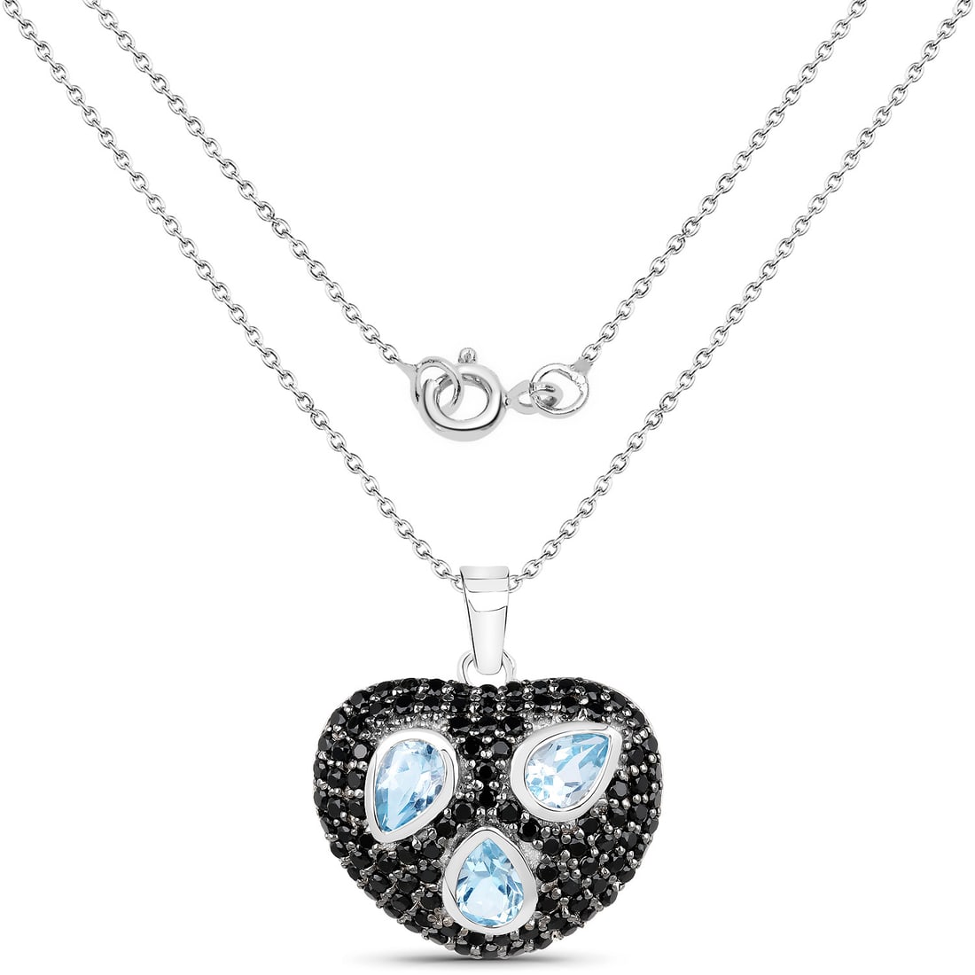Plated Rhodium 1.44ctw Blue Topaz and Black Spinal Pendant with Chain: 3.52 Carat Genuine Blue Topaz and Black Spinel.925 Sterling Silver Pendant. Blue Topaz Pear/6x4mm - 3/1.44 ctw Prong Setting Natural Irradiated E + Black Spinel Round/1.50mm - 104/2.08 ctw Natural Not