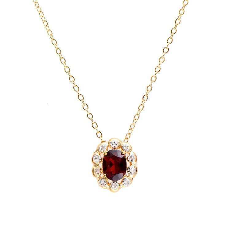 Plated 18KT Yellow Gold 1.28cts Garnet and Diamond Necklace: One Plated 18KT Yellow Gold 1.28cts Garnet and Diamond Necklace 18 in. (1) Brown Garnet stones with a total weight of 1.2cts. (10) diamonds with a total of 0.08cts with a color of H-I and clarity of I