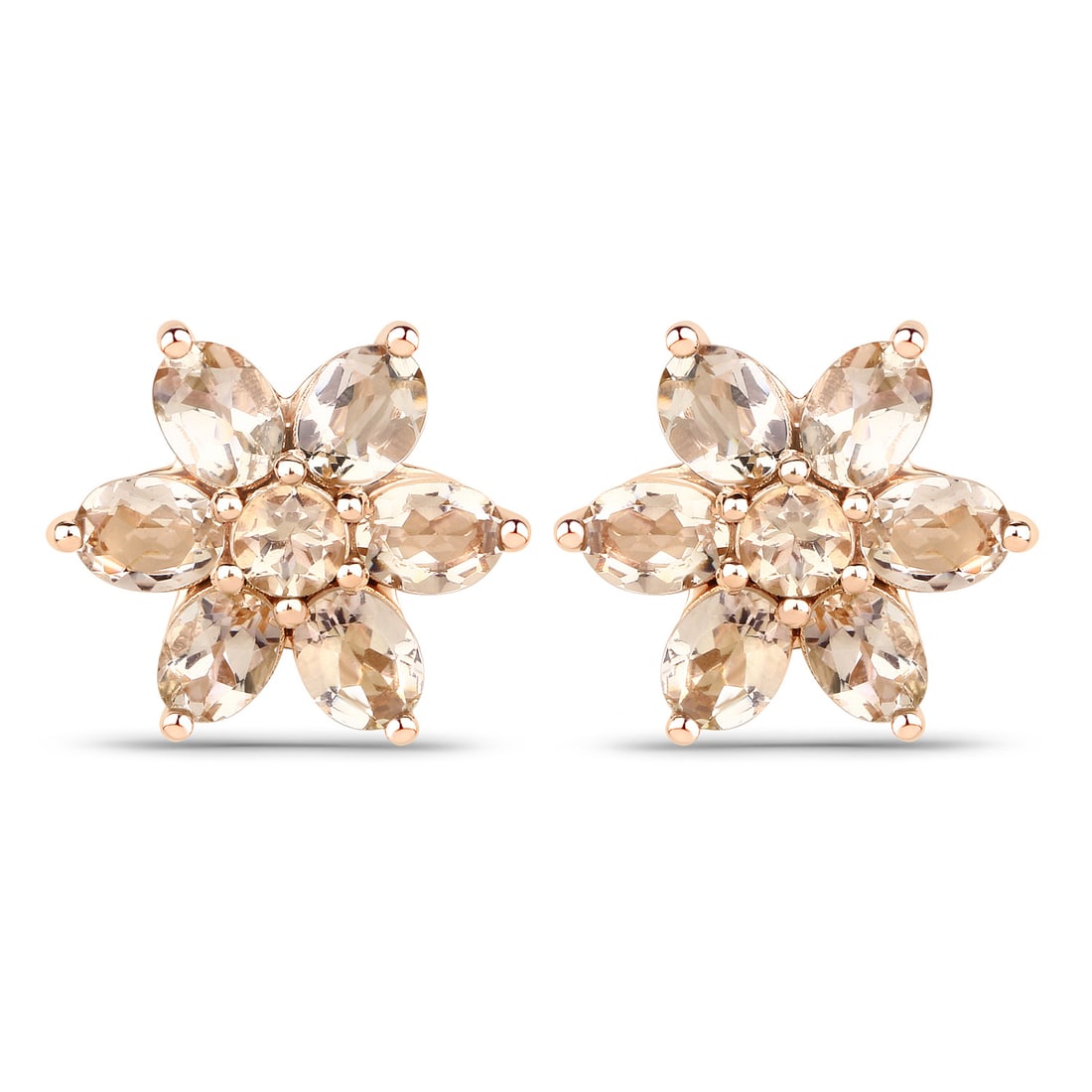 10KT Rose Gold 1.98ctw Morganite Earrings: Morganite Oval/4x3mm - 12/1.80 ctw Prong Setting Natural Irradiated E + Morganite Round/3.00mm - 2/0.18 ctw Natural Irradiated E Total weight of 1.92 grams.