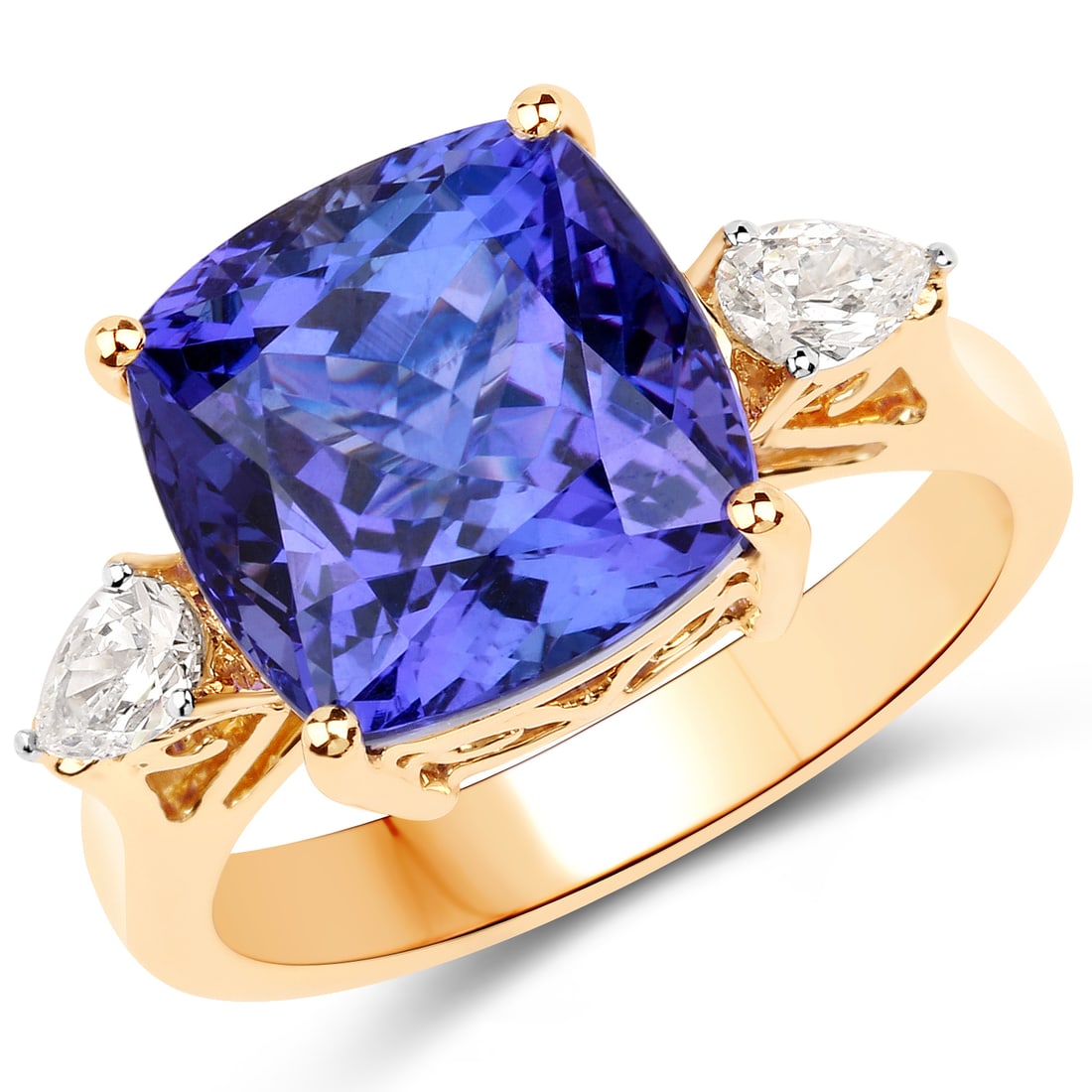 18KT Yellow Gold 8.74ct Tanzanite and Diamond Ring: Tanzanite Cushion 11.10mm - 1Pc with a total weight of 8.74cts. Diamond White Pears 5x3mm - 2Pcs ( SI1-SI2/G-H-I ) with a total weight of 0.36cts. Total weight of this ring is 8.33 grams. Ring Size 8.