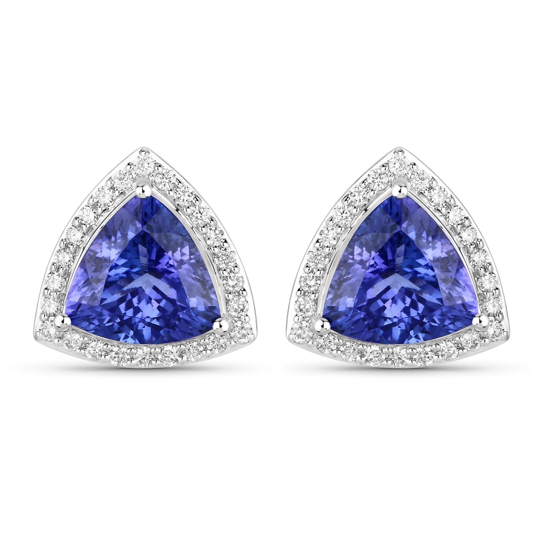 14KT White Gold 4.62ctw Tanzanite and White Diamond Earrings: Tanzanite Trillion/8.50mm - 2/4.24 ctw Prong Setting Natural Heat Treated E + White Diamond Round/1.20mm - 48/0.38 ctw Natural Not Treated N H-I SI-2 Total weight of 3.74 grams.