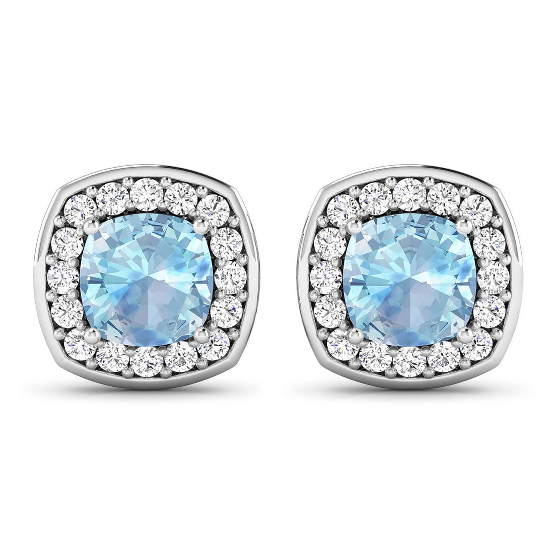 14KT White Gold 1.95ctw Aquamarine and White Diamond Earrings: Aquamarine Cushion/6.00mm - 2/1.50 ctw Prong Setting Natural Heat Treated E + White Diamond Round/1.50mm - 32/0.45 ctw Natural Not Treated N I-J I2-I3 Total weight of 2.95 grams.