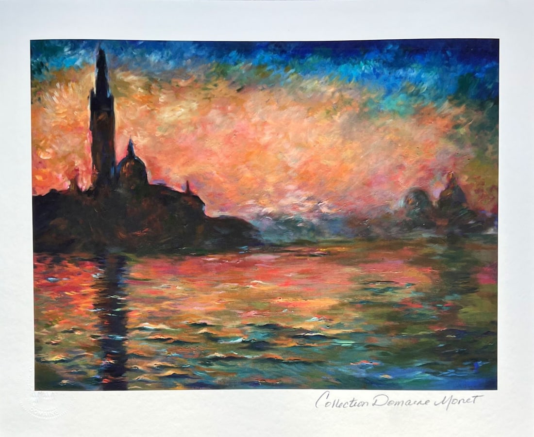 Claude Monet Venice At Dusk Estate Signed Limited Edition Giclee: This is a CLAUDE MONET (ESTATE COLLECTION DOMAINE) giclee titled Venice at Dusk. This piece is pencil signed on the lower right as Collection Domaine Monet and has an embossed seal stamped by the Esta