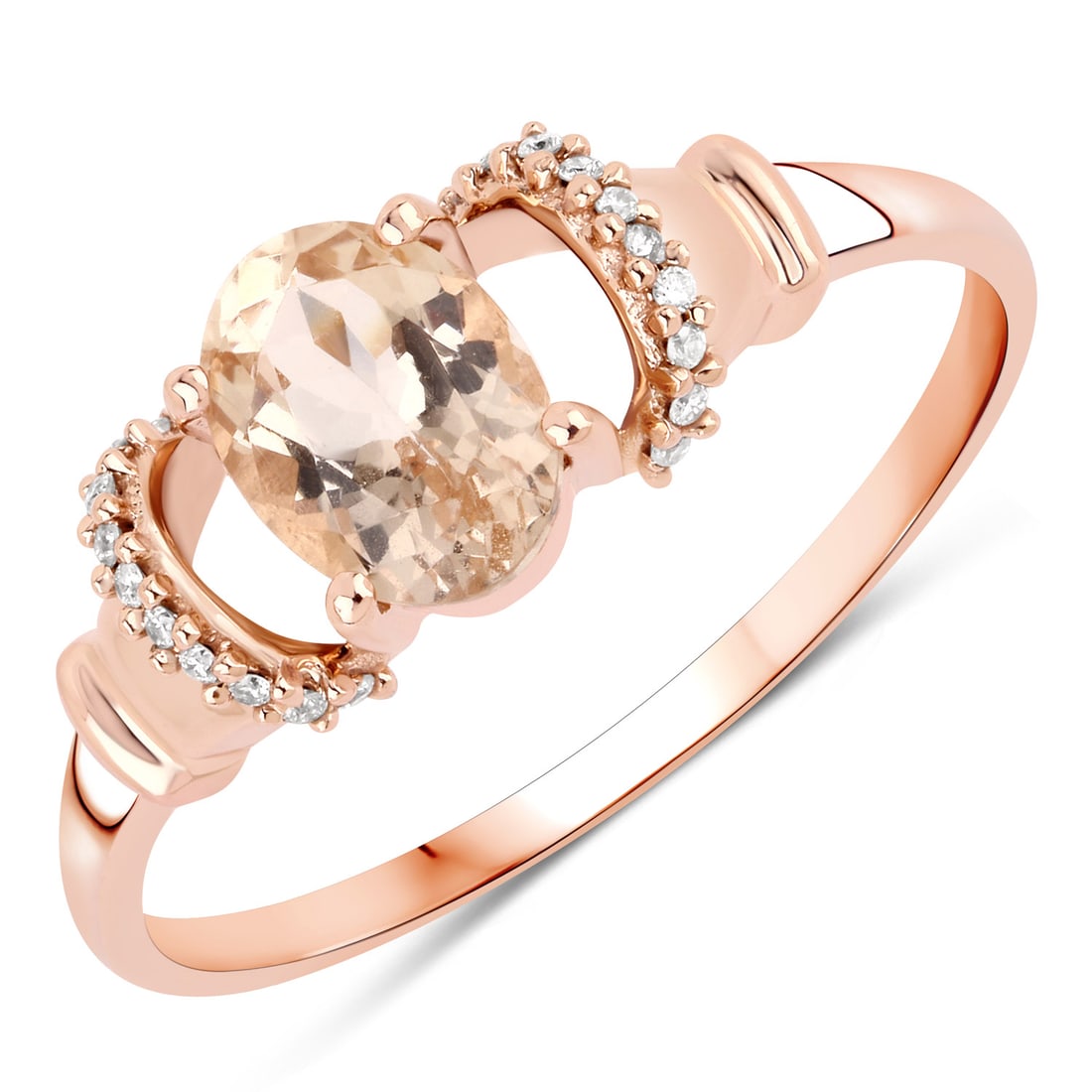 14KT Rose Gold 0.75ctw Morganite and White Diamond Ring: Morganite Oval/7x5mm - 1/0.70 ctw Prong Setting Natural Irradiated E + White Diamond Round/0.80mm - 20/0.05 ctw Natural Not Treated N H-I I1. Ring size 7. Total weight of 1.75 grams.