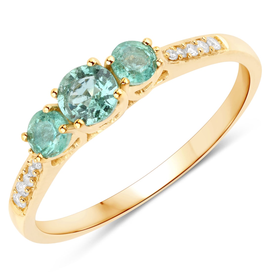 14KT Yellow Gold 0.48ctw Zambian Emerald and White Diamond Ring: Zambian Emerald Round/4.00mm - 1/0.23 ctw Prong Setting Natural Oiled O + Zambian Emerald Round/3.00mm - 2/0.20 ctw Natural Oiled O + White Diamond Round/0.80mm - 2/0.01 ctw Natural Not Treated N H-I