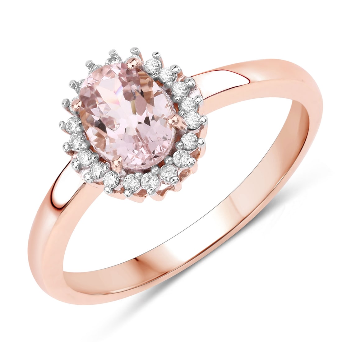 14KT Rose Gold 0.81ctw Morganite and White Diamond Ring: Morganite Oval/7x5mm - 1/0.70 ctw Prong Setting Natural Heat Treated E + White Diamond Round/1.00-1.05mm - 20/0.11 ctw Natural Not Treated N H-I I1. Ring size 7. Total weight of 1.91 grams.