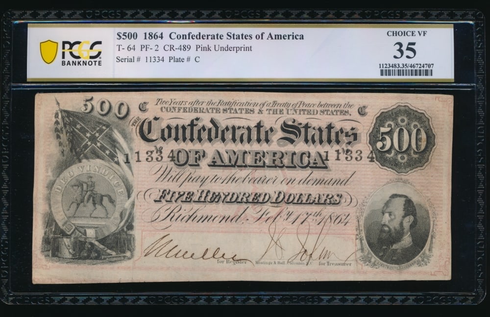 1864 $500 T-64 Confederate PCGS 35: One 1864 $500 T-64 Confederate PCGS 35.