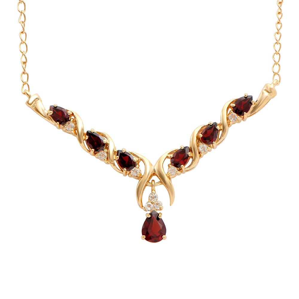 Plated 18KT Yellow Gold 3.50ctw Garnet and White Topaz Pendant with Chain: One Plated 18KT Yellow Gold 3.50ctw Garnet and White Topaz Pendant with Chain. (7) Garnet stones with a total weight of 3.50cts. (9) white topaz stones with a total weight of 0.50cts. 7.45 grams of br