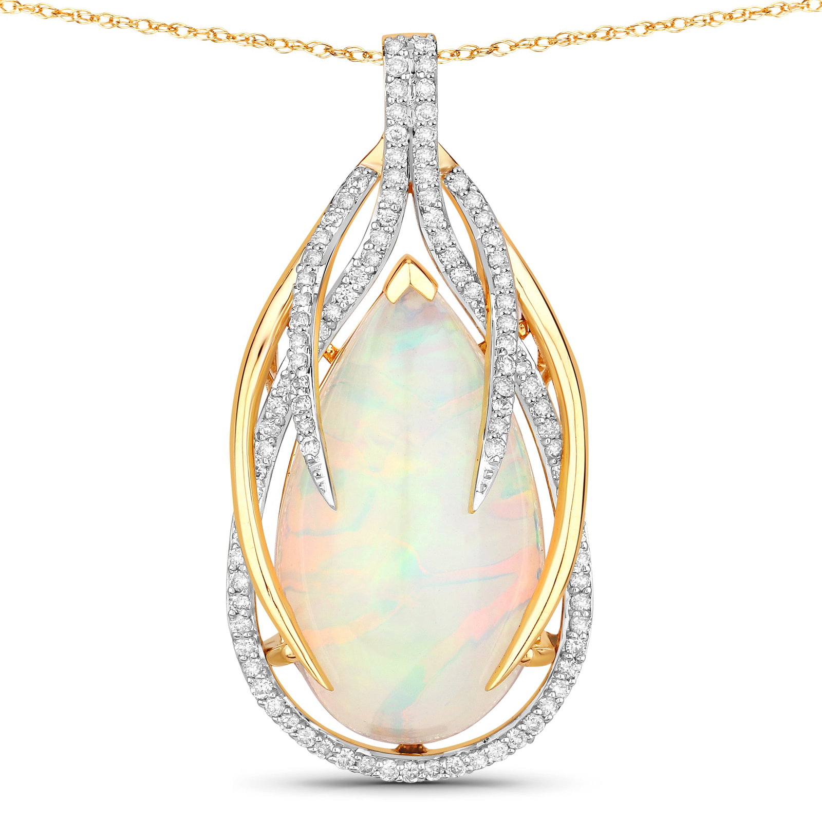 14KT Yellow Gold Opal and Diamond Pendant with Chain: Ethiopian Opal Pear 23.15x13.10mm - 1Pc with a total weight of 9.96cts. Diamond White Round 1.00mm - 109Pcs ( I1/H-I ) with a total weight of 0.50cts. Total weight of this pendant is 7.31 grams.