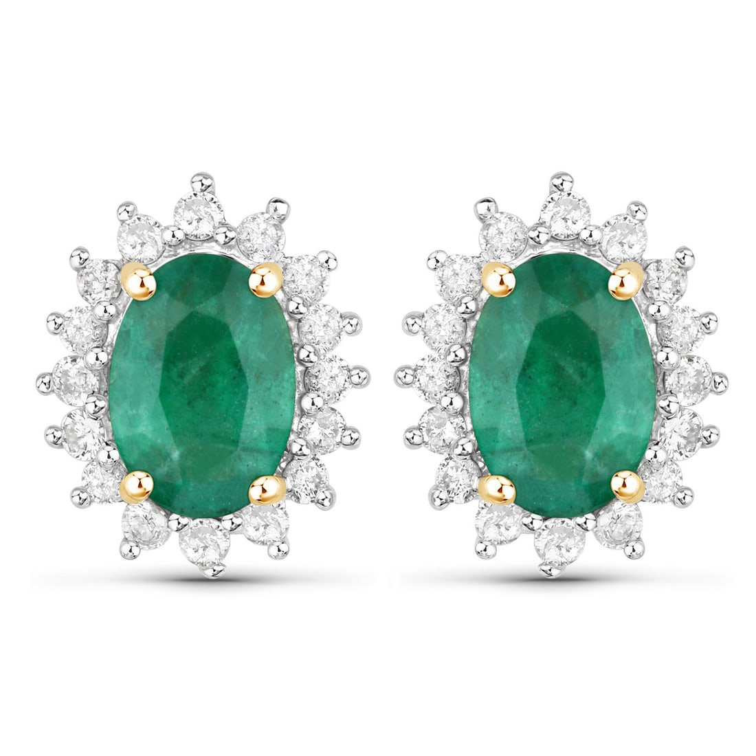 14KT Yellow Gold 1.86ctw Zambian Emerald and White Diamond Earrings: Zambian Emerald Oval/7x5mm - 2/1.54 ctw Prong Setting Natural Oiled + White Diamond Round/1.30mm - 32/0.32 ctw Natural Not Treated N H-I I1 Total weight of 2 grams.