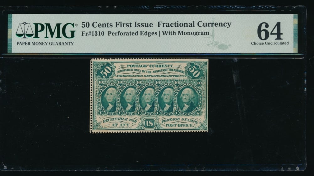 50 Cent First Issue Fractional PMG 64: One 50 Cent First Issue Fractional PMG 64.