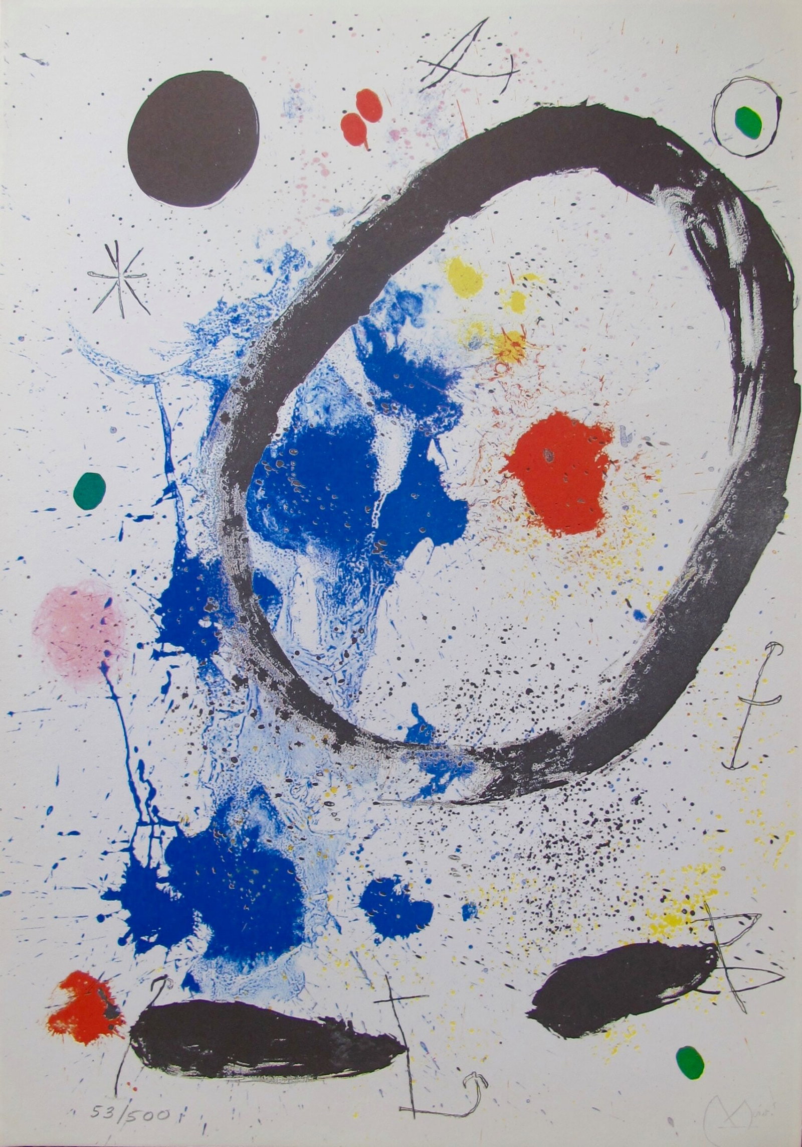 Joan Miro TWILIGHT’S RING Facsimile Signed Limited Edition Lithograph: This is a Joan Miro limited edition lithograph titled “Twilight’s Ring” (year of original, 1964). This piece is facsimile signed and pencil numbered from a limited edition of 500. Paper meas