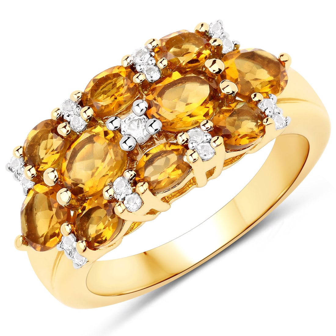 Plated 14KT Yellow Gold 2.28ctw Citrine and White Topaz Ring: 14K Yellow Gold Plated Genuine Citrine & White Topaz .925 Sterling Silver Ring. Citrine Oval/5x4mm - 4/1.32 ctw Prong Setting Natural Heat Treated N and Citrine Oval/4x3mm - 6/0.96 ctw Natural Heat Tr