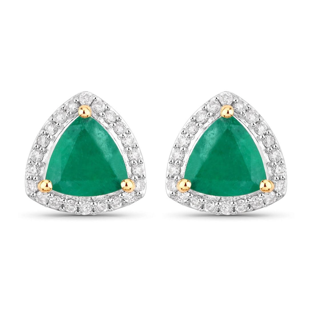 14KT Yellow Gold 1.27ctw Zambian Emerald and White Diamond Earrings: Zambian Emerald Trillion/5.50mm - 2/1.12 ctw Prong Setting Natural Oiled + White Diamond Round/0.90mm - 44/0.15 ctw Natural Not Treated N H-I I1 Total weight of 1.79 grams.