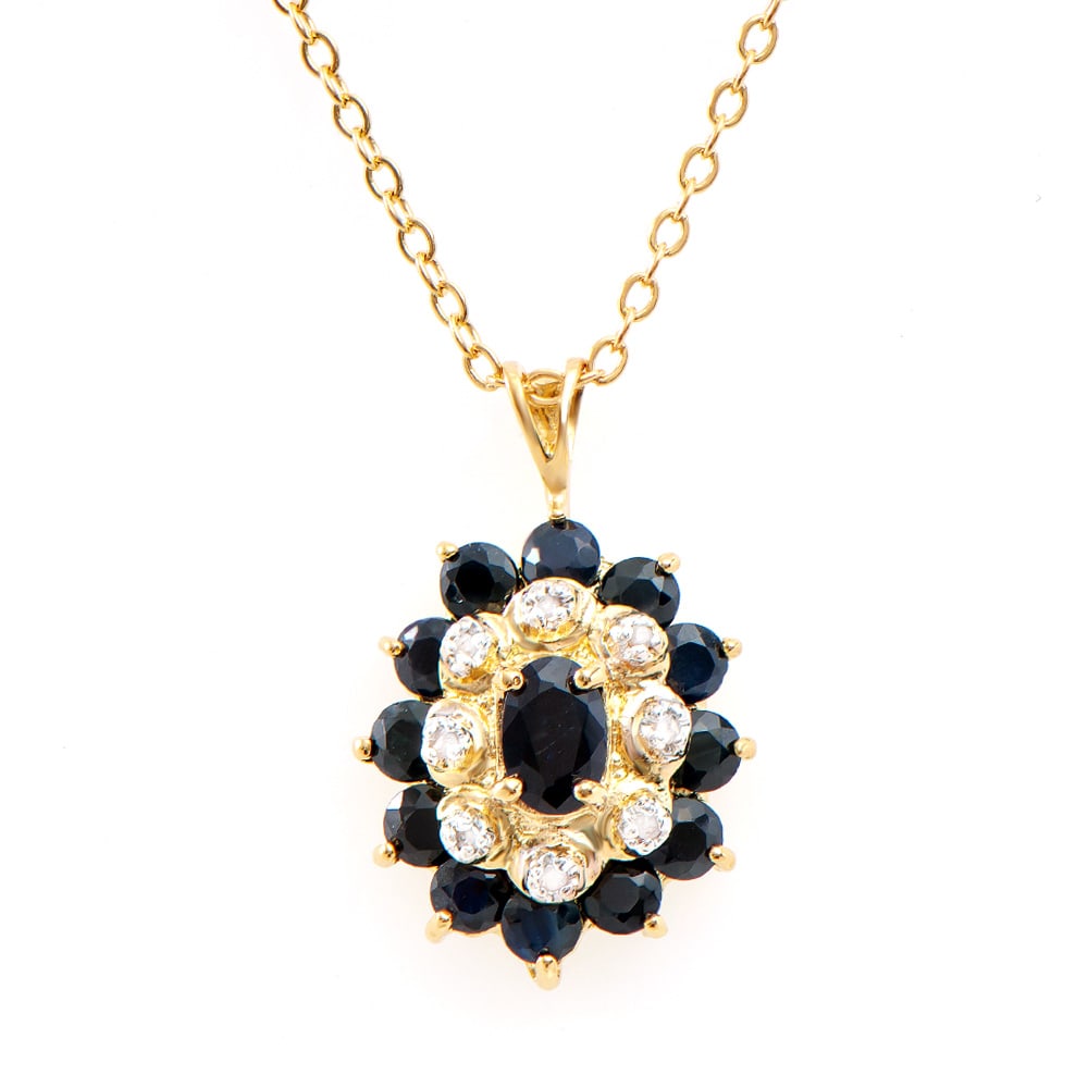Plated 18KT Yellow Gold 2.60ctw Black Sapphire and Diamond Pendant with Chain: One Plated 18KT Yellow Gold 2.60ctw Black Sapphire and Diamond Pendant with Chain. (1) center black Sapphire measuring 6x4mm. (12) black Sapphires measuring 3.1mm. (8) round diamonds measuring 1.1mm. 