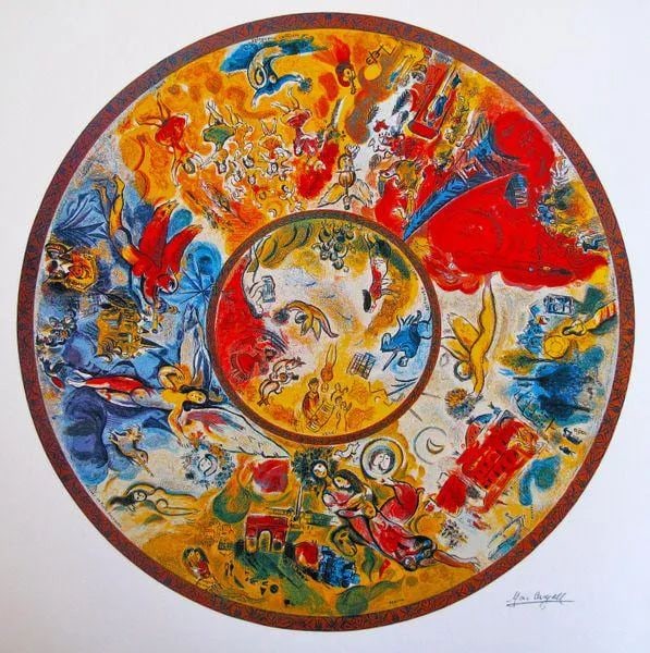 Paris Opera Ceiling Lithograph: Paris Opera Ceiling Lithograph by Marc Chagall. This is facsimile signed and pencil numbered from a limited edition of 500. Image measures 23 inch diameter on 26 inches x 26 inches. Comes with a certi