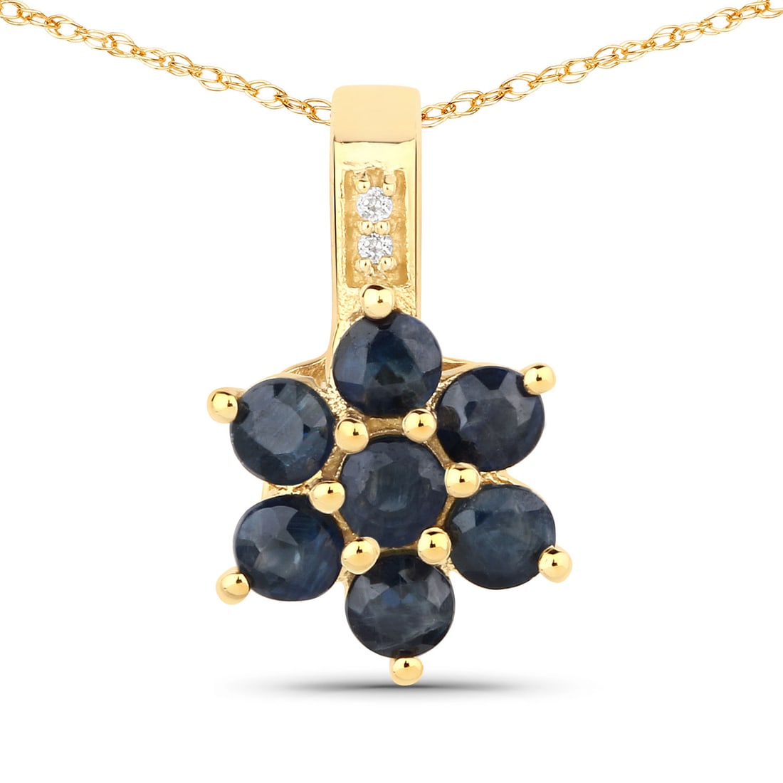 10KT Yellow Gold 0.43ctw Blue Sapphire and White Diamond Pendant: Blue Sapphire Round/2.50mm - 7/0.42 ctw Prong Setting Natural Heat Treated E + White Diamond Round/0.80mm - 2/0.01 ctw Natural Not Treated N. 18 inch chain. Total weight of 1.71 grams.