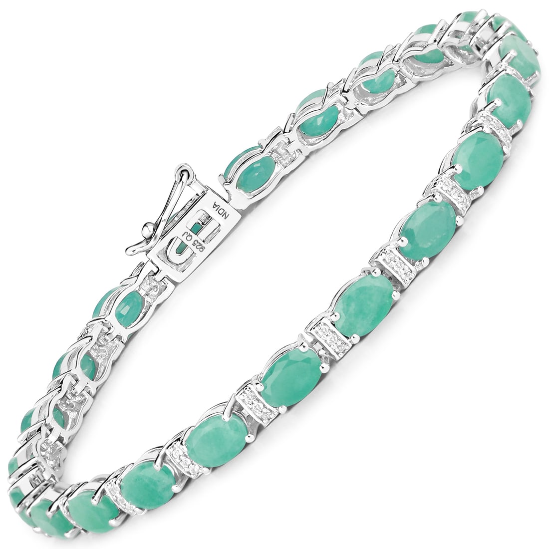 Plated Rhodium 10.12ctw Emerald and White Topaz Bracelet: 10.01 Carat Genuine Emerald and White Topaz.925 Sterling Silver Bracelet. Emerald Oval/6x4mm - 23/10.12 ctw Natural Oiled E + White Topaz Round/0.90mm - 70/0.35 ctw Natural Heat Treated C. Total weigh