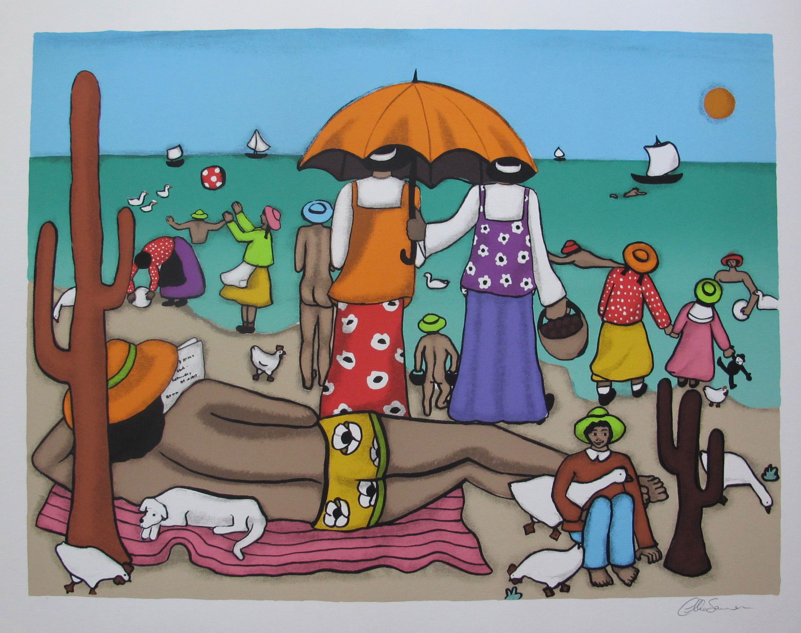 Elke Sommer On The Beach Hand Signed Limited Edition Serigraph Folk Art: This is a limited edition hand signed serigraph titled On the Beach by renowned German actress and artist Elke Sommer. Beautiful art piece on extra thick paper with gorgeous colors. Hand signed and nu