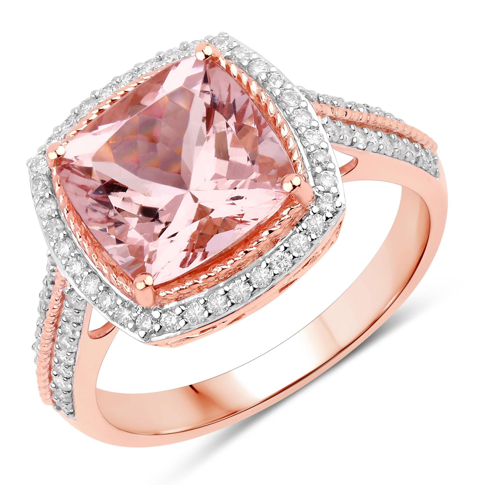 14KT Rose Gold 3.03ct Morganite and Diamond Ring: Morganite Cushion 9.20mm - 1Pc with a total weight of 3.03cts. Diamond White Round 1.00mm - 72Pcs ( I1/H-I ) with a total weight of 0.33cts. Total weight of ring is 4.12cts. Ring size 7.