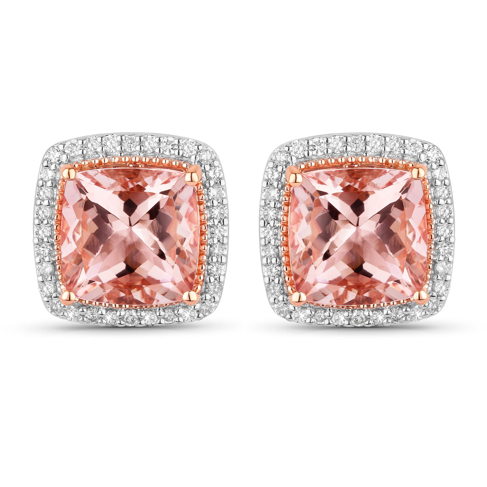 14KT Rose Gold 4.41cts Morganite and Diamond Earrings: Morganite Cushion 8.00mm - 2Pcs with a total weight of 4.41cts. Diamond White Round 1.00mm - 64Pcs ( I1/H-I ) with a total weight of 0.29cts. Total weight of these earrings are 4.58 grams.