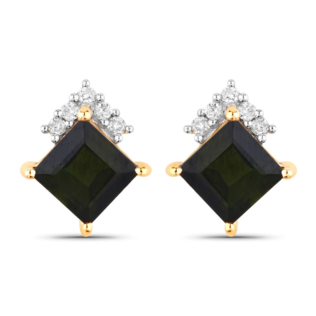 14KT Yellow Gold 1.66ctw Green Tourmaline and White Diamond Earrings: Green Tourmaline Square/5.00mm - 2/1.58 ctw Prong Setting Natural Irradiated N + White Diamond Round/1.20mm - 10/0.08 ctw Natural Not Treated N H-I I1 Total weight of 1.62 grams.