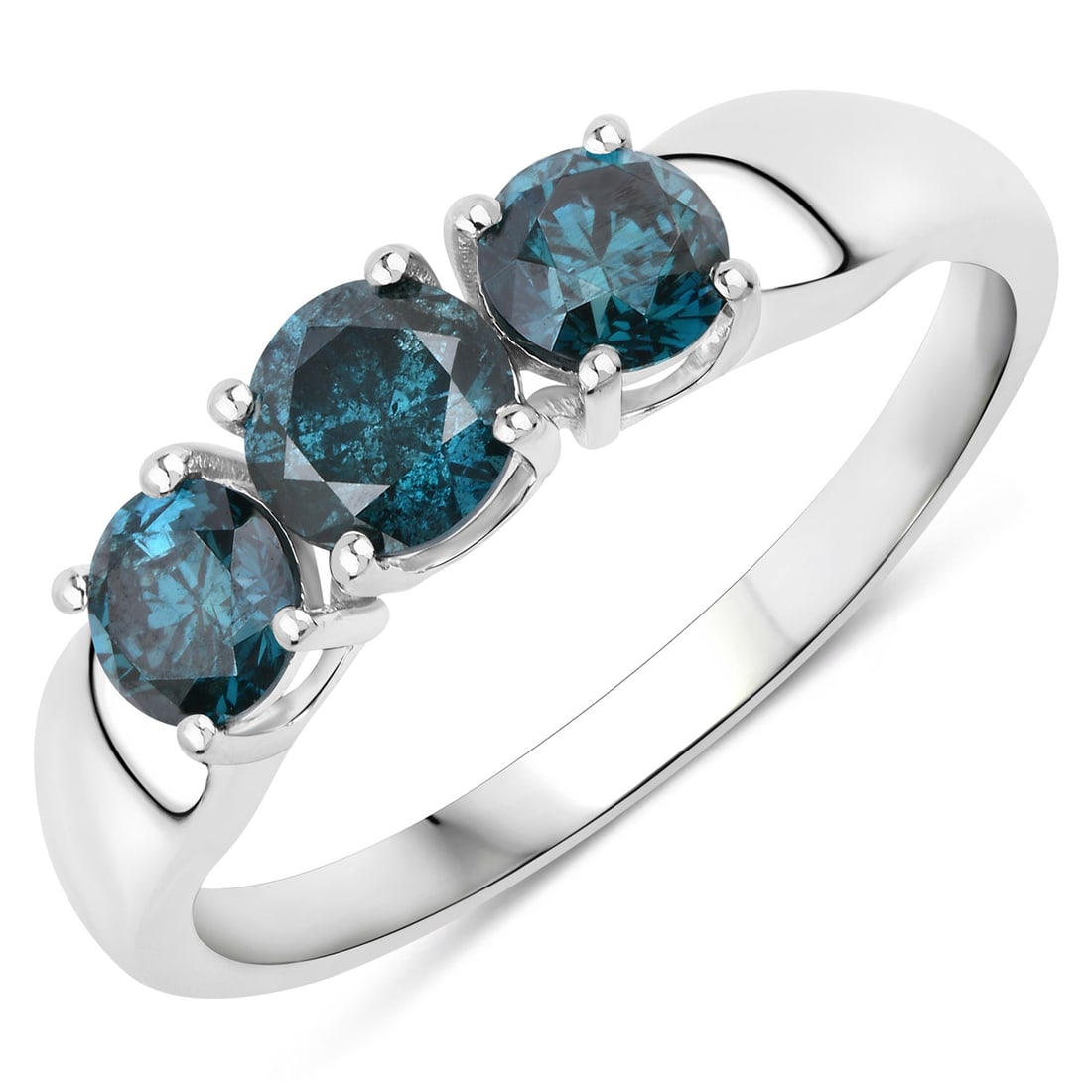 14KT White Gold 1.03ctw Blue Diamond Ring: Blue Diamond Round/4.60mm - 1/0.39 ctw Prong Setting Natural Irradiated E + Blue Diamond Round/4.10mm - 2/0.64 ctw Natural Irradiated E SI-2. Ring size 7. Total weight of 1.79 grams.