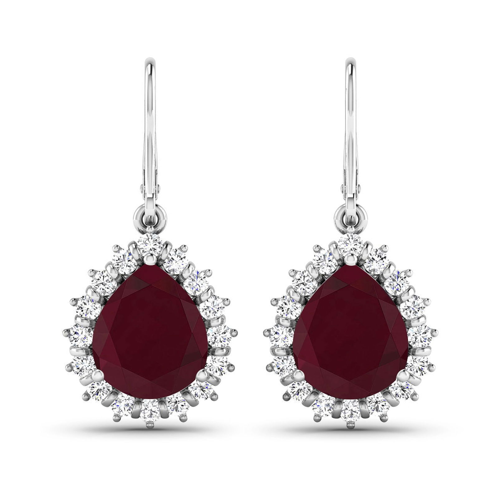 14KT White Gold 3.7ctw Ruby and Diamond Earrings: Ruby (AA) Pears 9x7mm - 2Pcs + White Diamond F/C Round 1.50mm - 32Pcs ( Diamond Quality : SI-2/HI ) ( Lever Back ) Total weight of gemstones is 3.7cts. Total Diamond weight is 0.44cts. Total weight of