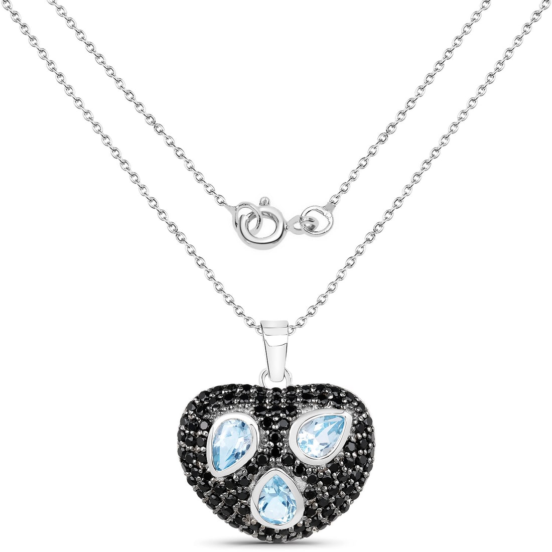 Plated Rhodium 1.44ctw Blue Topaz and Black Spinal Pendant with Chain: 3.52 Carat Genuine Blue Topaz and Black Spinel.925 Sterling Silver Pendant. Blue Topaz Pear/6x4mm - 3/1.44 ctw Prong Setting Natural Irradiated E + Black Spinel Round/1.50mm - 104/2.08 ctw Natural Not