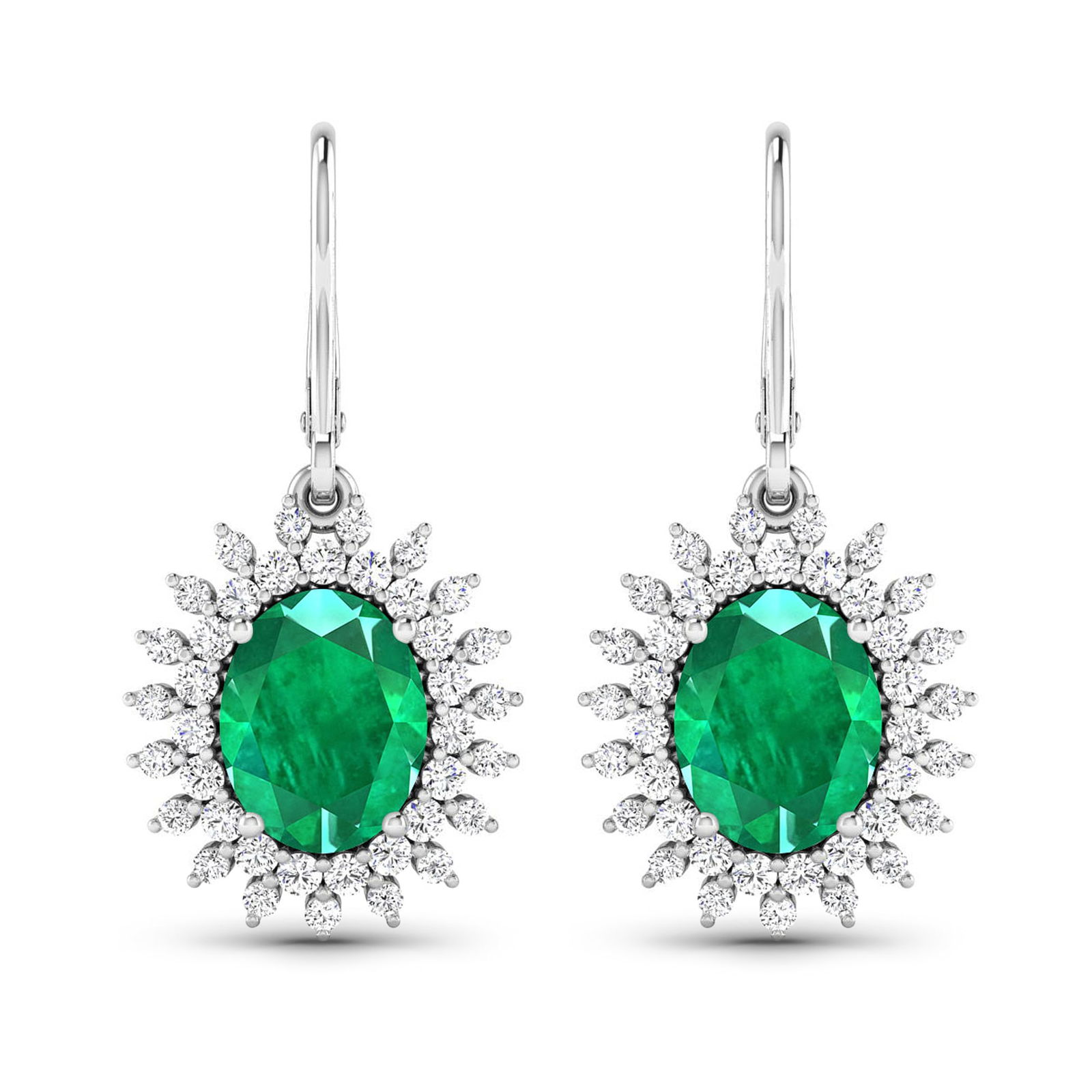 14KT White Gold 3.06ctw Zambian Emerald and Diamond Earrings: Zambian Emerald (AA) Oval 9x7mm - 2Pcs + White Diamond F/C Round 1.50mm - 38Pcs + White Diamond F/C Round 1.20mm - 38Pcs ( Diamond Quality : SI-2/HI ) Total weight of gemstones is 3.06cts. Total Diamo