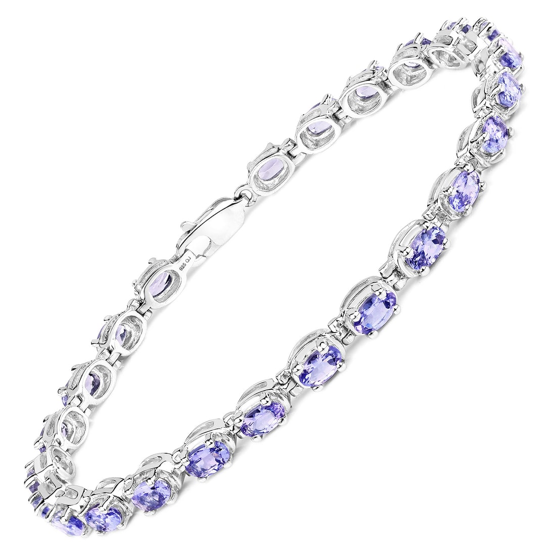 Rhodium Plated 6.00ctw Tanzanite Bracelet: 6.00 Carat Genuine Tanzanite.925 Sterling Silver Bracelet.Tanzanite Oval/5x3mm - 25/6.00 ctw Prong Setting Natural Heat Treated E. Total weight 9 grams. Bracelet length is 7.25 inches.